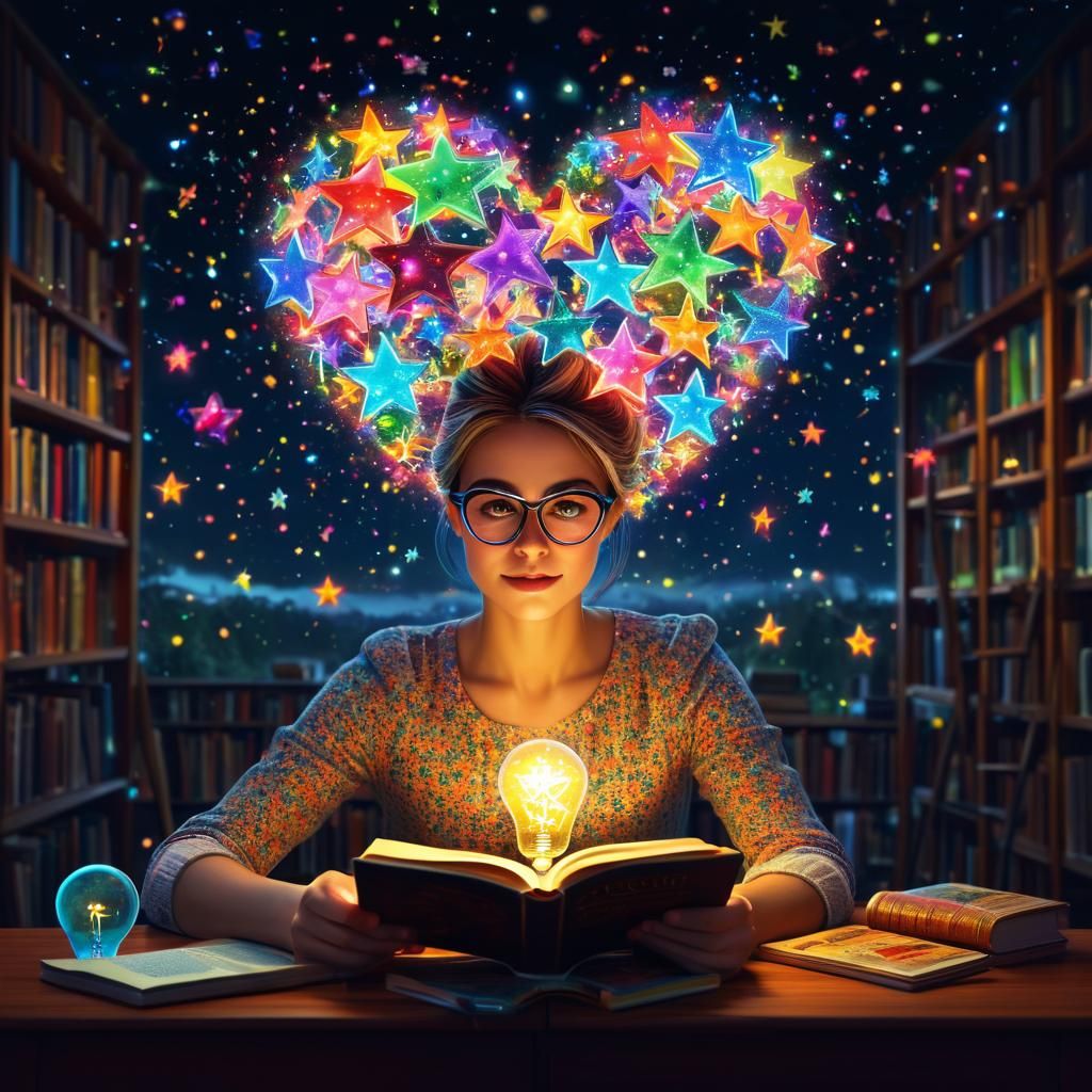 Nerdy Woman Reading with Starry Light Bulb