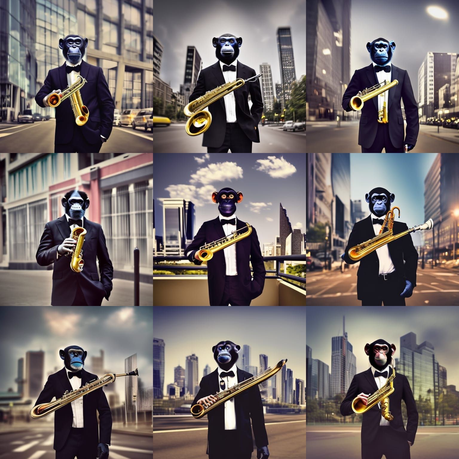 Chimpanzee Saxophonist in City Street Scene