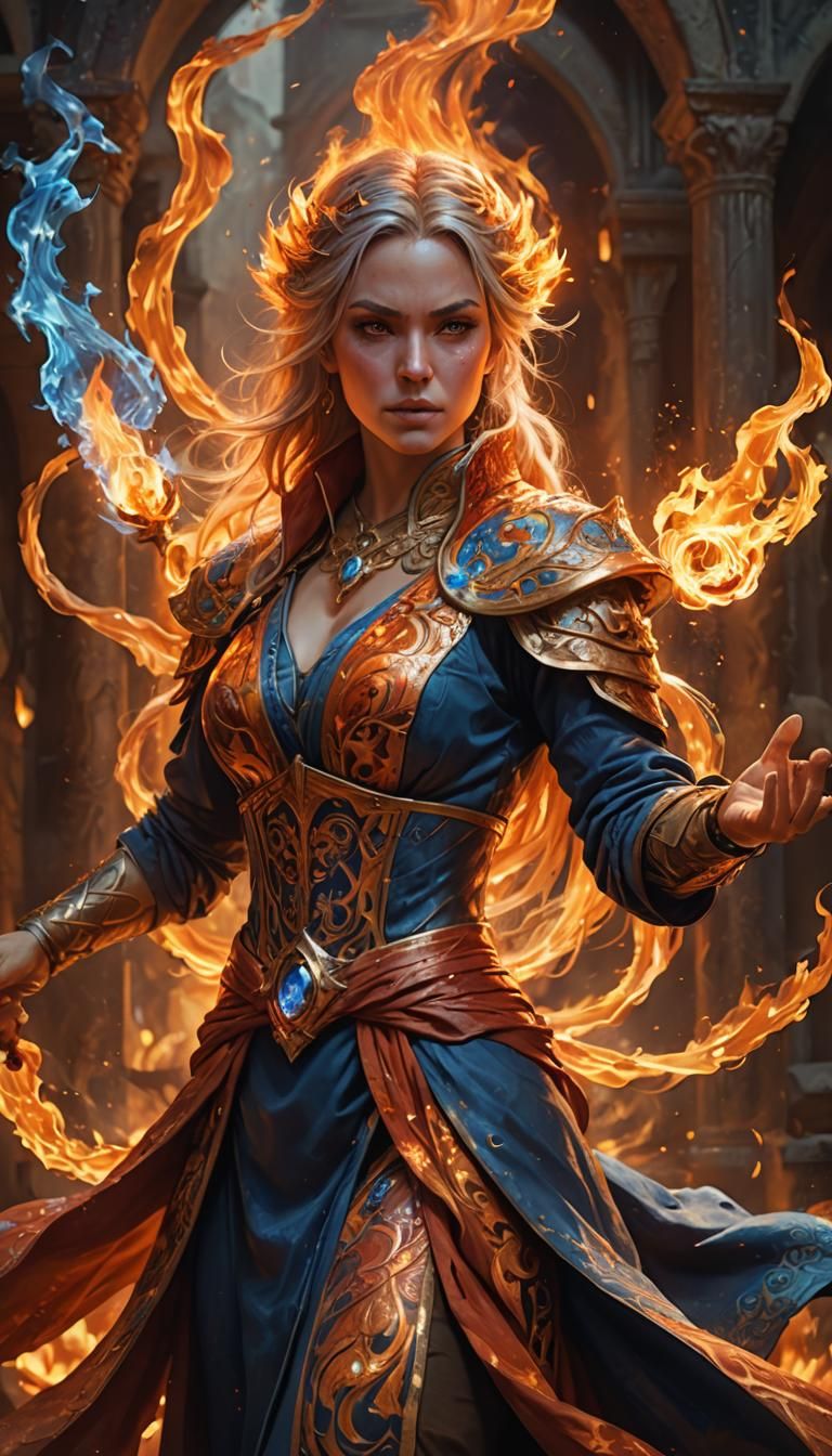 Powerful Female Mage Amidst Flames, Fantasy Art