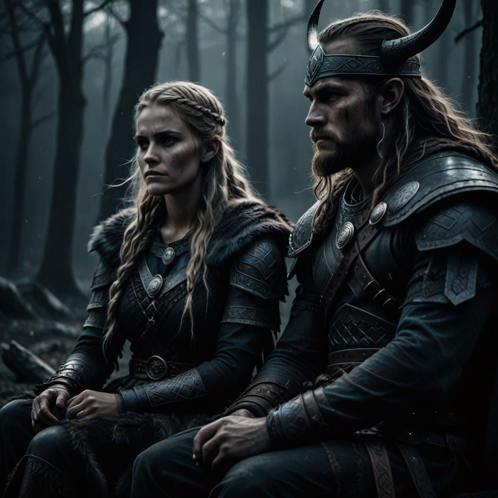Viking Warrior and Woman in Dark Fantasy Art
