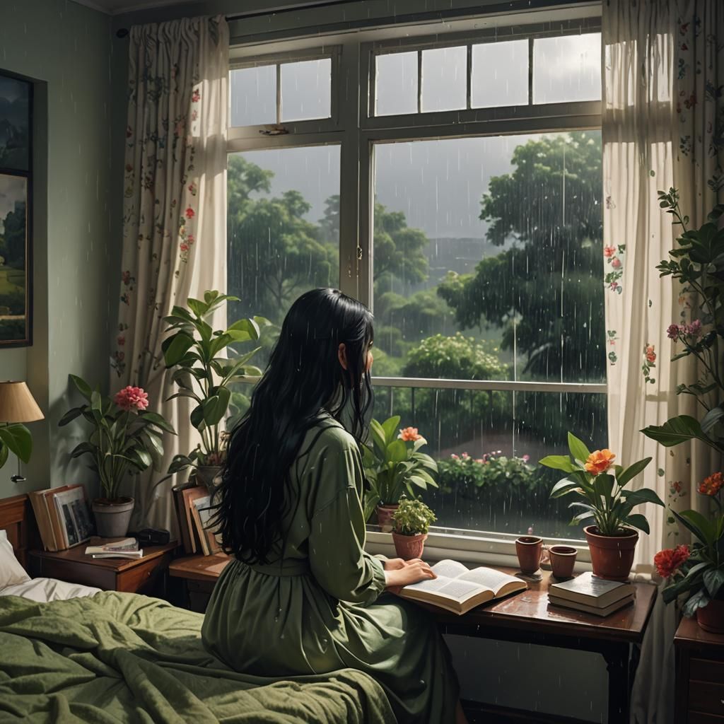 Girl Reading in Rainy Room: Detailed Matte Painting