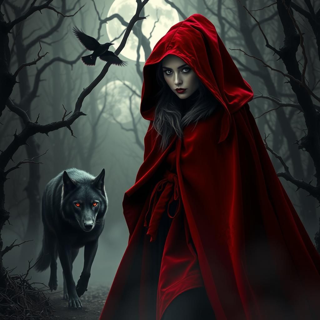 Gothic Little Red Riding Hood in Dark Forest