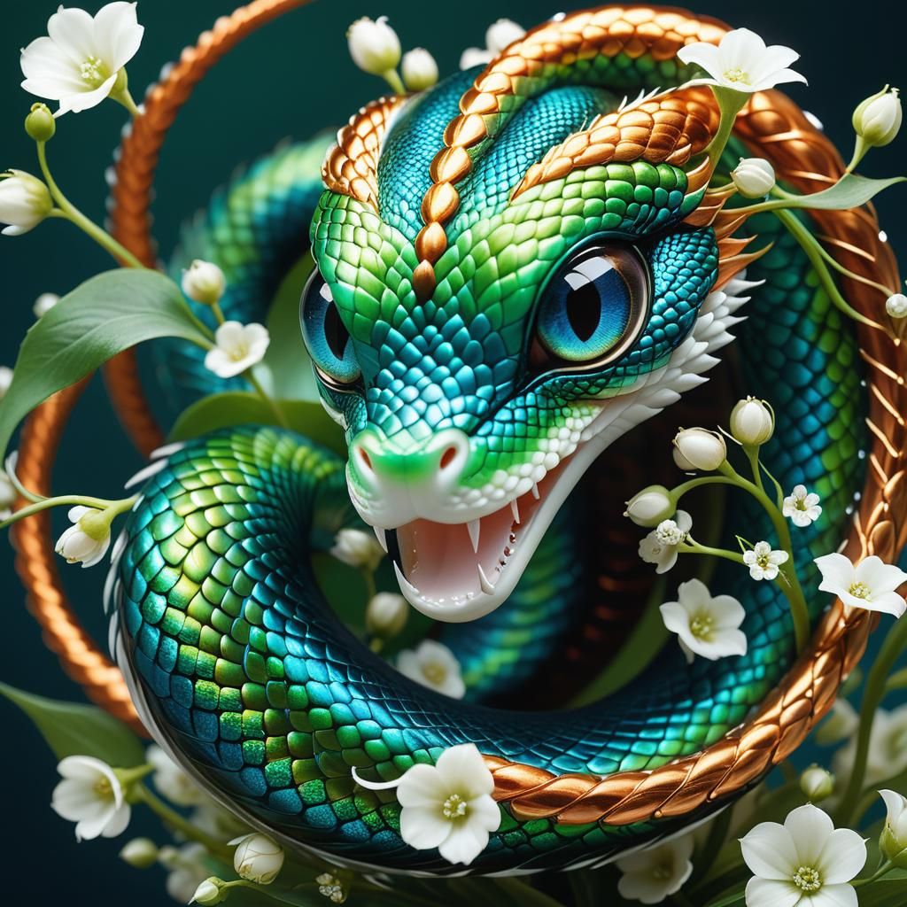 Translucent Serpent Coiled Among Flowers