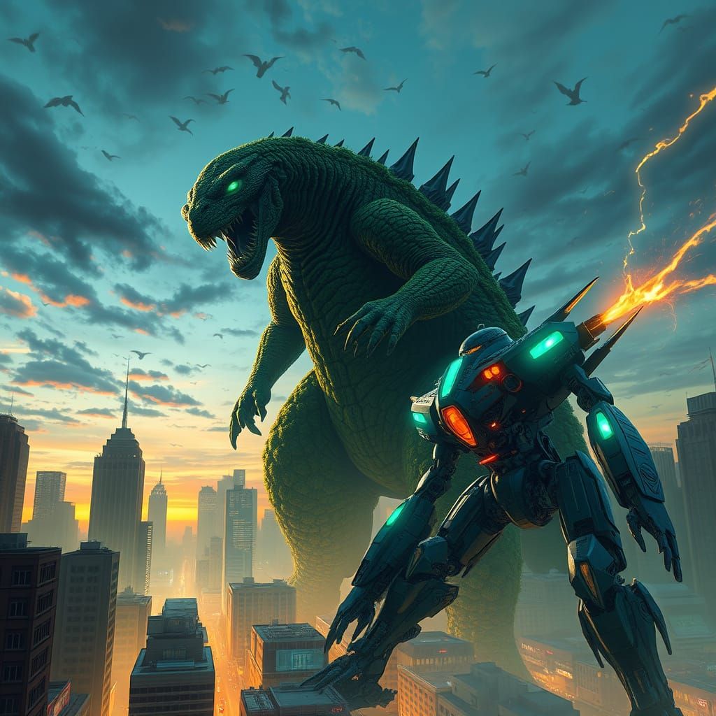 Gigantic Kaiju Meets Metallic Mecha in Epic City Battle