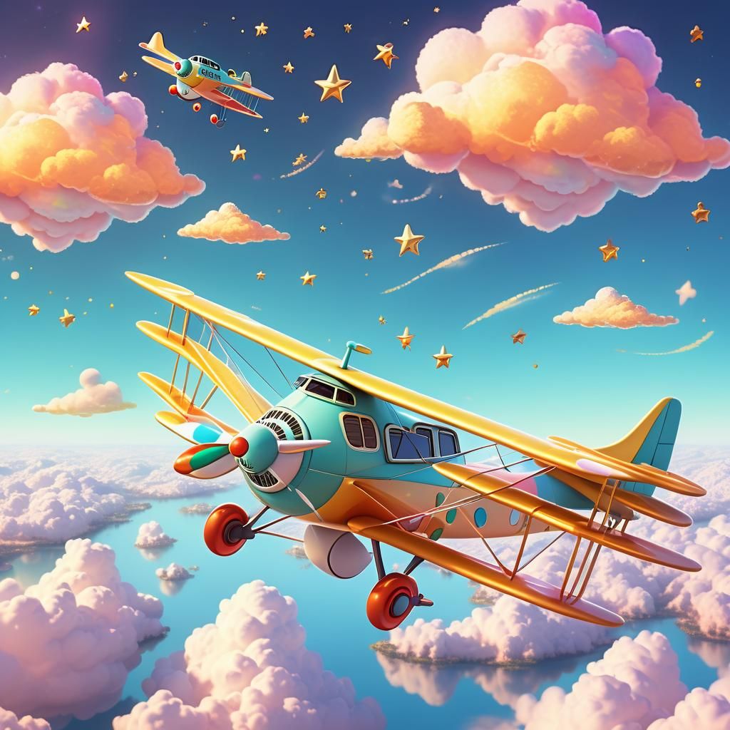 Joyful Airplane Soaring Through Fantasy Skies