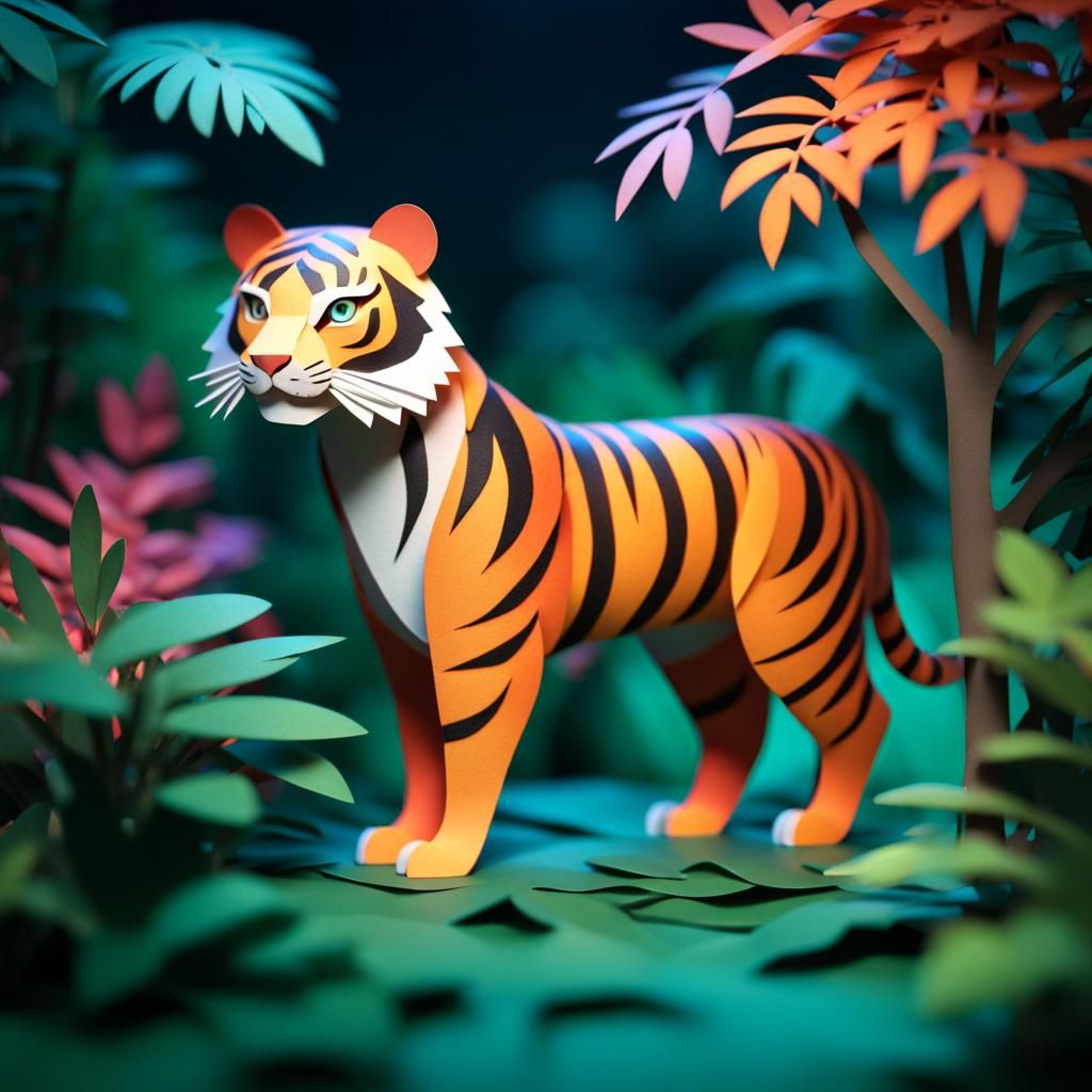 Vibrant 3D Paper Tiger Doll in Jungle