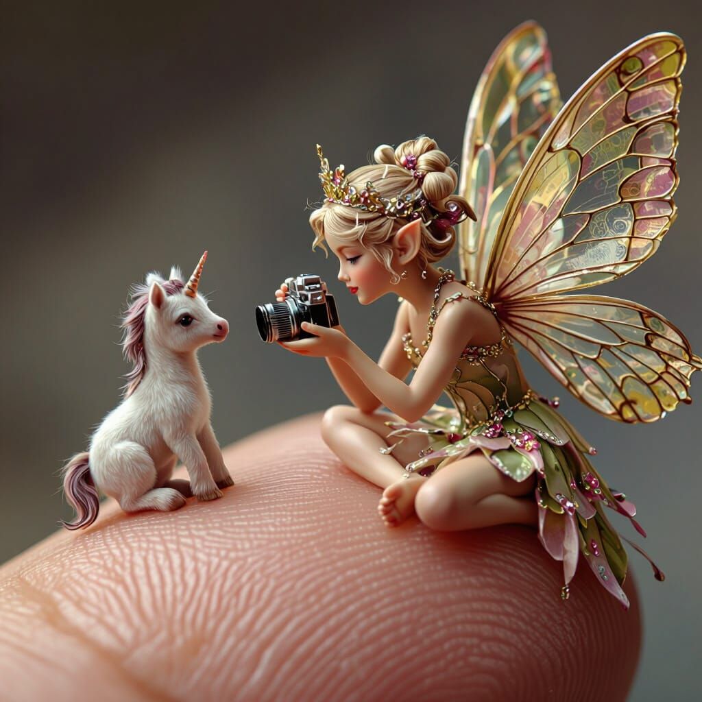 Tiny Fairy Princess Photographs Baby Unicorn on Finger