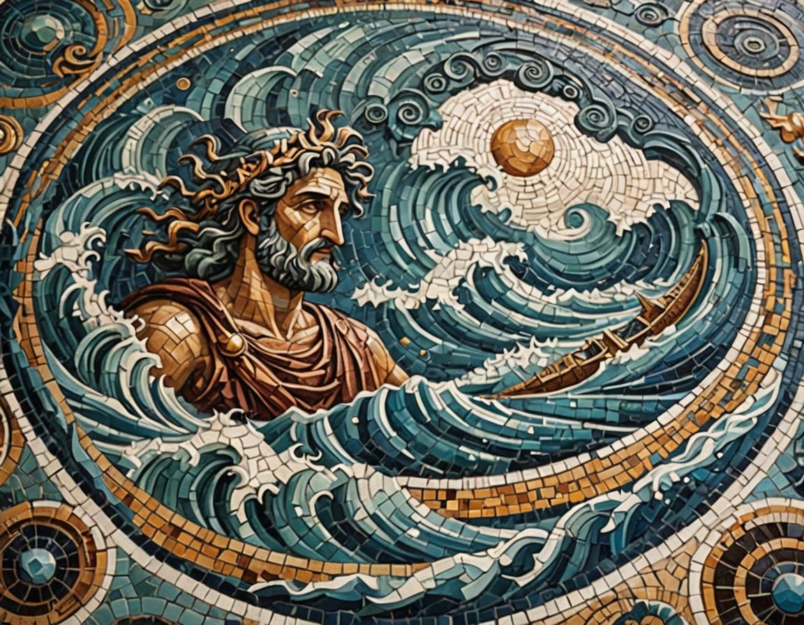Neptune and ocean waves in an ancient Roman mosaic.
