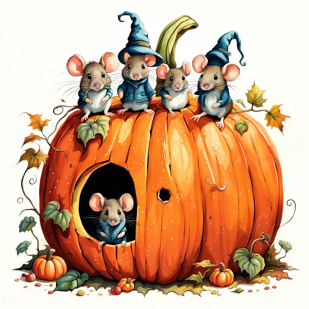 Two tiny mouse lived in a giant pumpkin house.
 Fairy tale i...