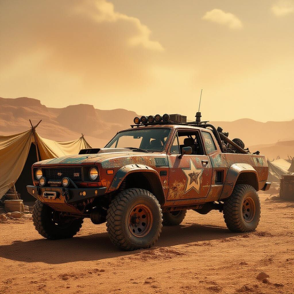 Post-Apocalyptic Mad Max Vehicle at Desert Camp
