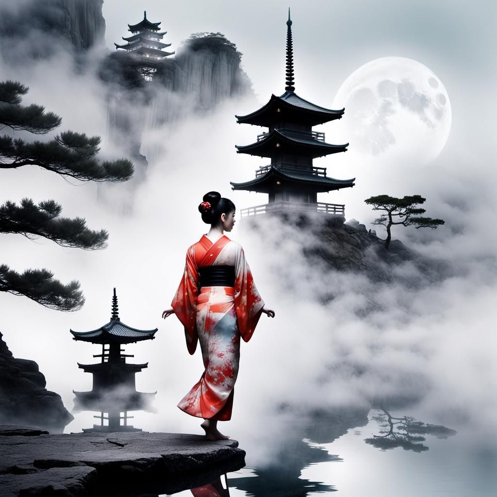 Geisha in Double Exposure Photography with Japanese Pagoda