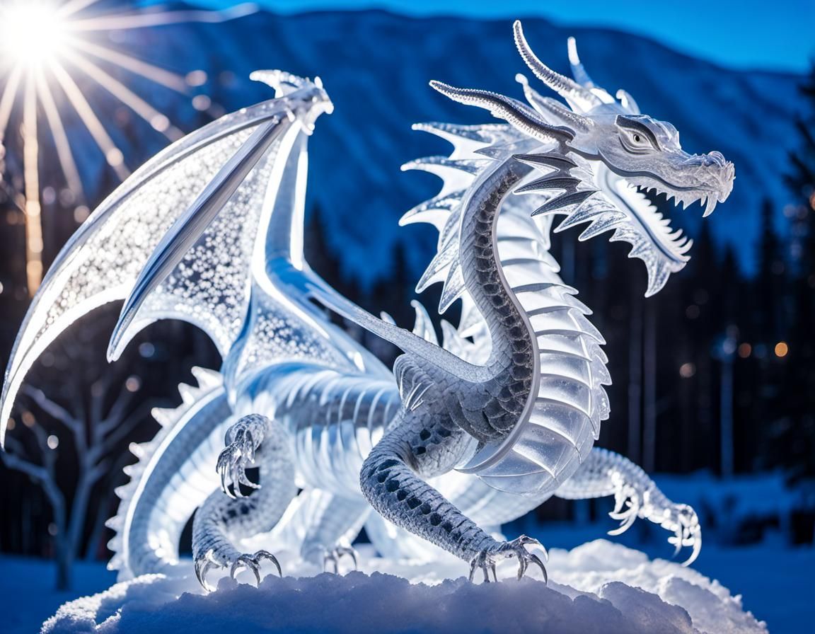 Giant Ice Dragon Sculpture in Winter Wonderland