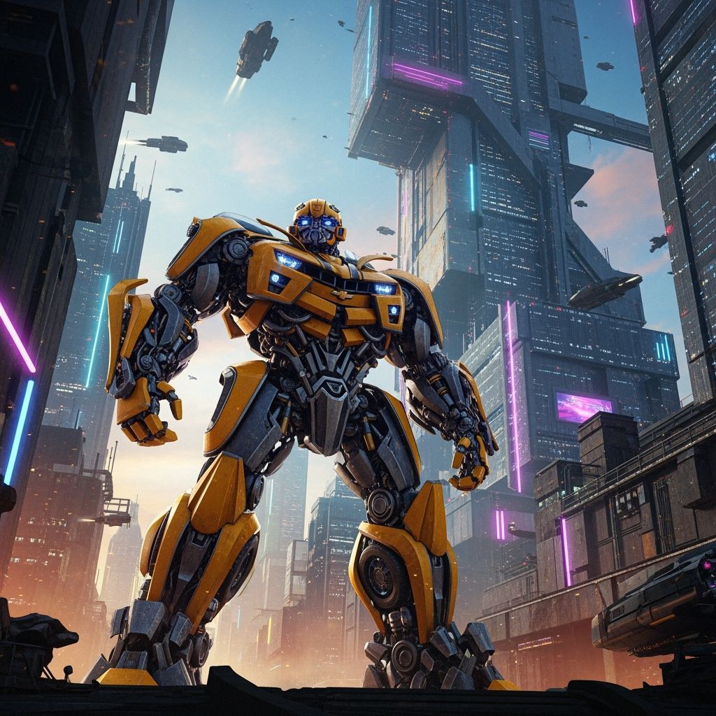 Bumblebee in Futuristic Cityscape: Stylized Illustration