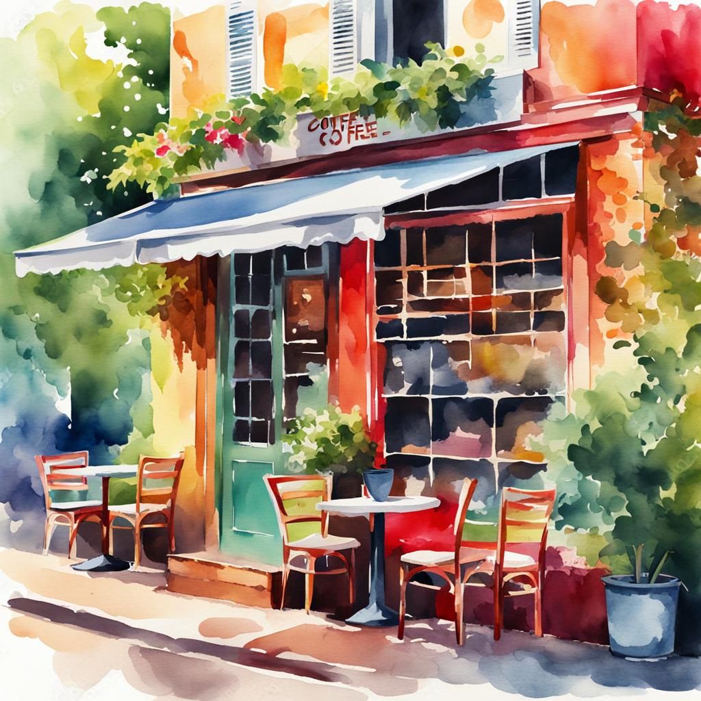 Colorful Coffee Shop Front in Watercolor Style