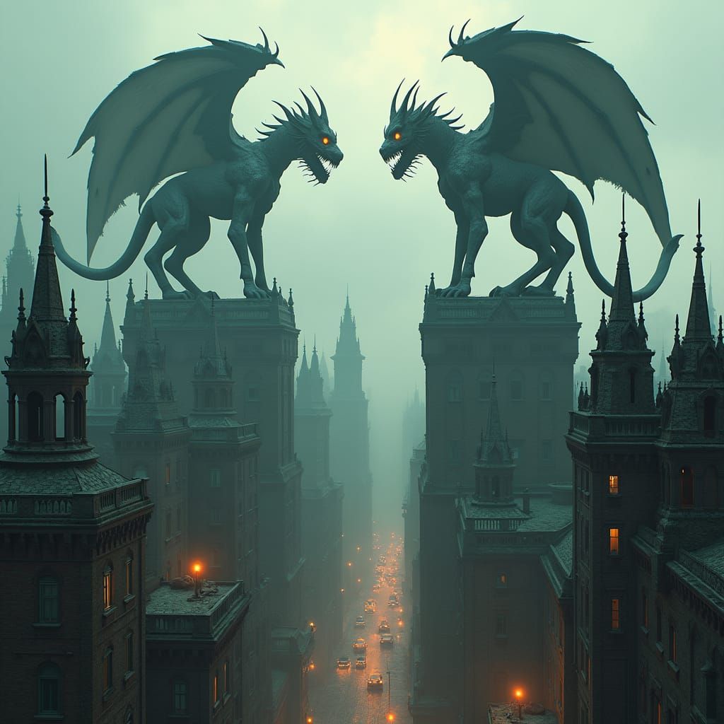 Gargoyles Overlook Cathedrals in Dramatic Digital Street Art