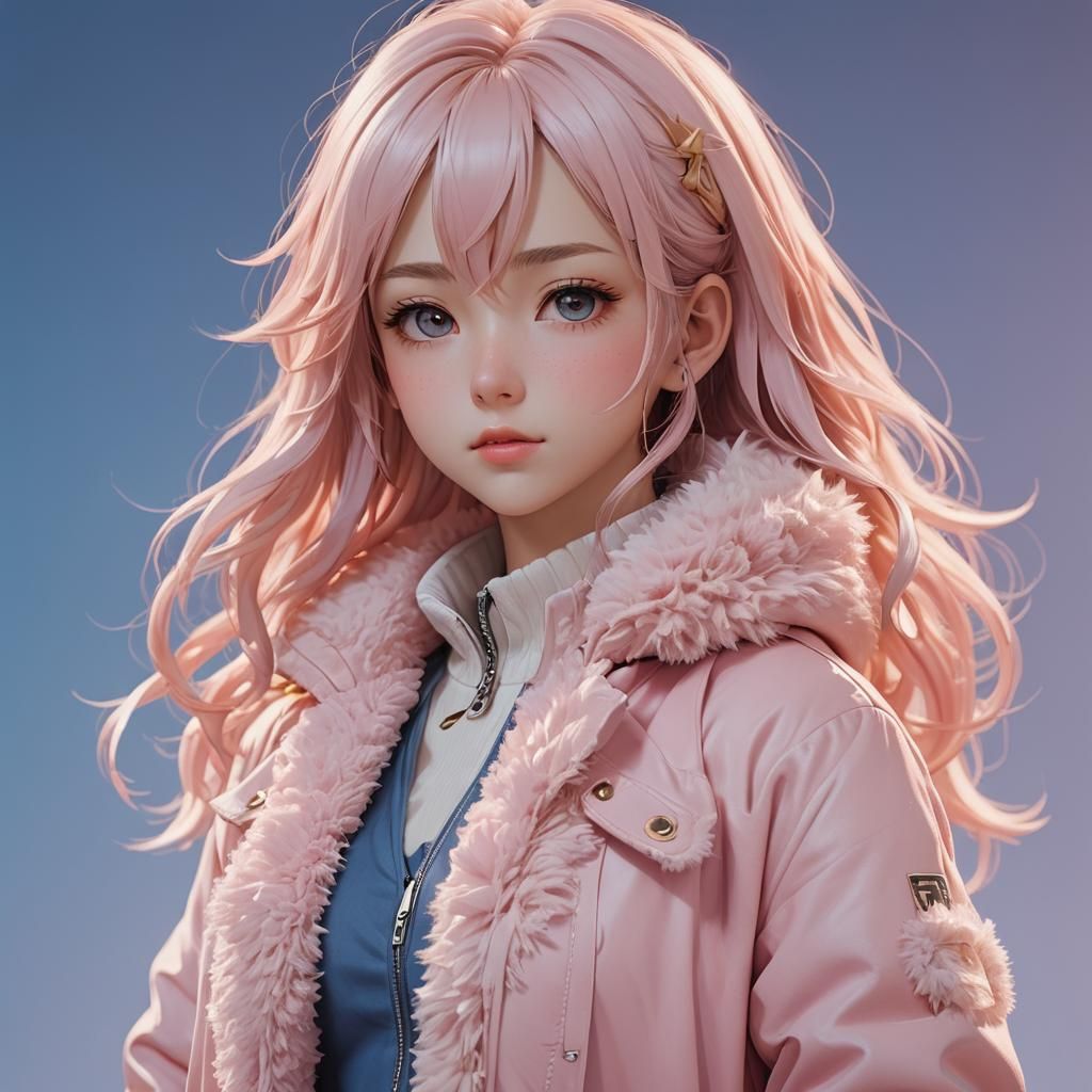 Anime Girl in Fluffy Jacket, 3D Rendered Art