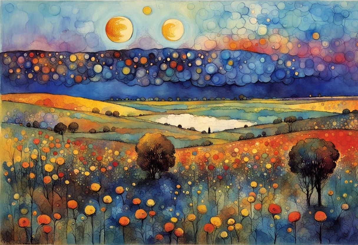 Colorful Dusk Landscape in Impasto Alcohol Ink Style