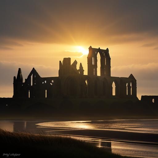 Whitby Abbey Sunrise: Hyperrealistic Atmospheric Masterpiece