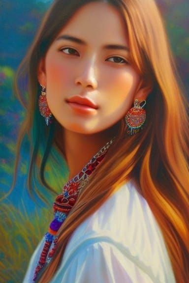 Brunette with Boho Jewelry: Vintage Oil Painting