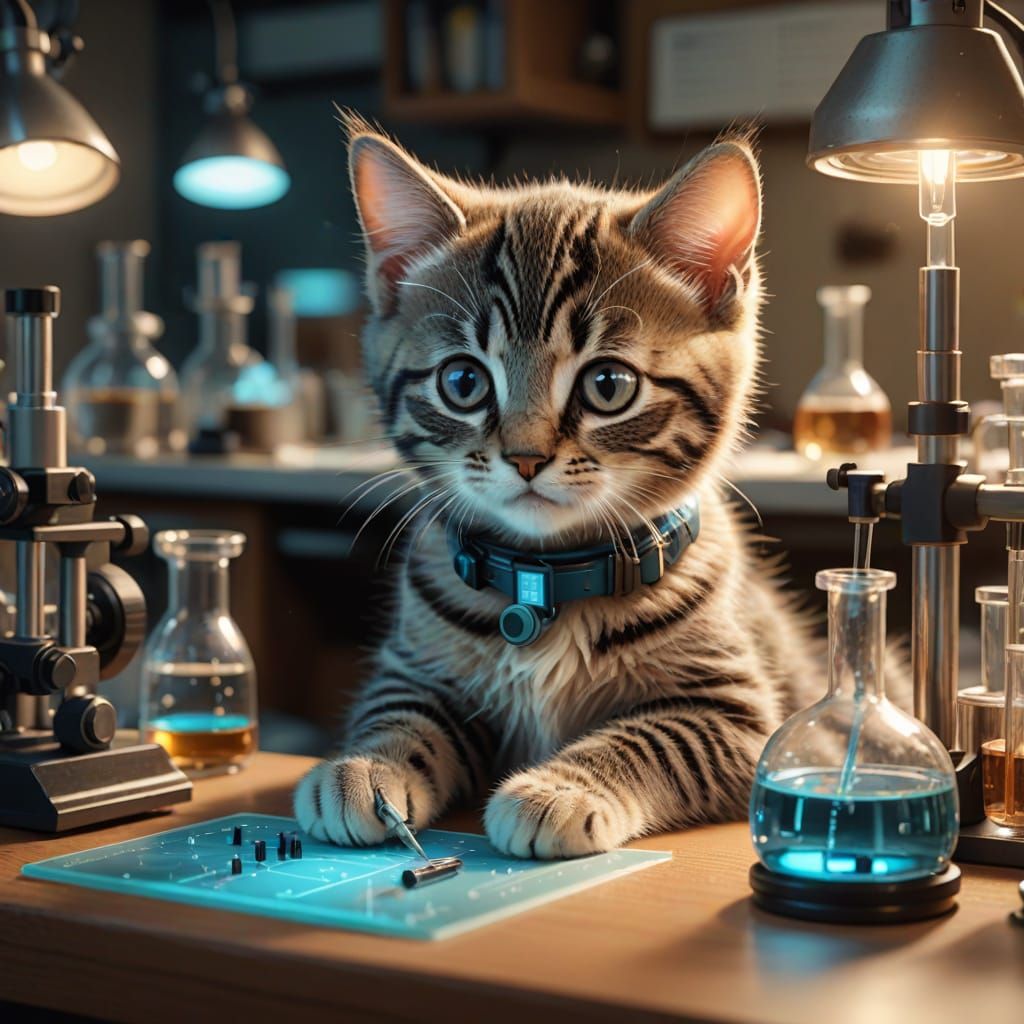 Kitten Scientist Examines Microscopic Slide in Cozy Laborato...