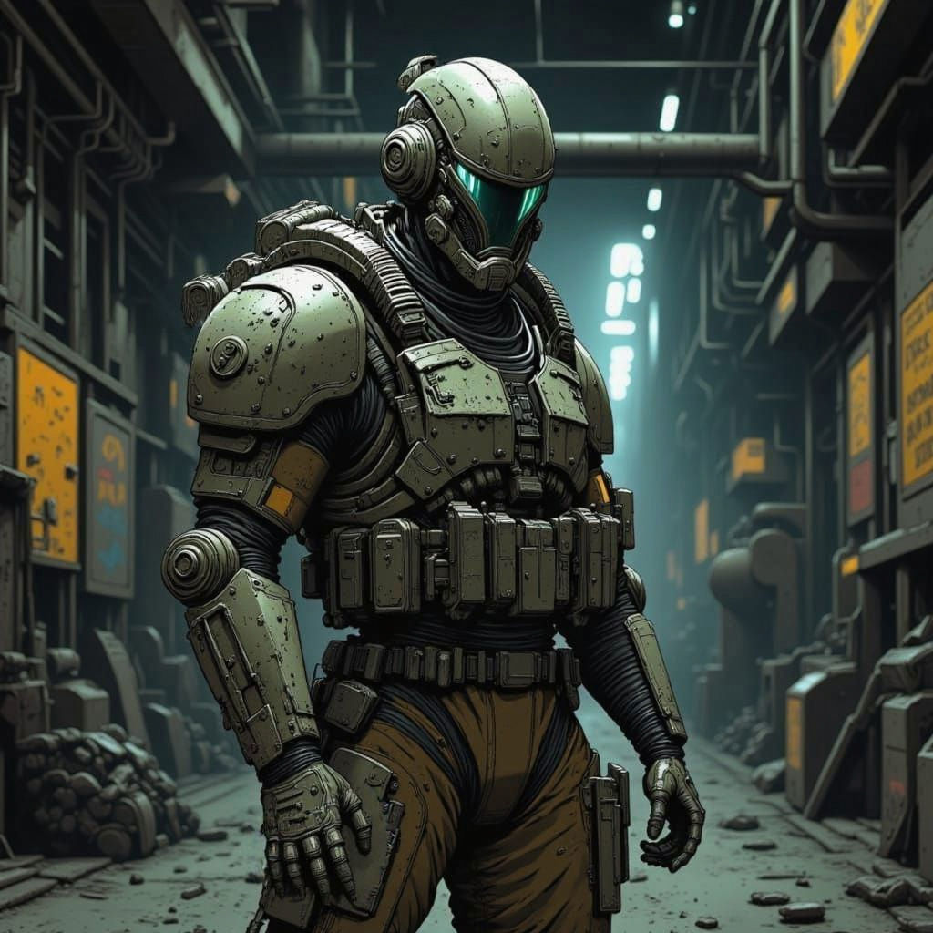 Futuristic Armored Soldier in Hangar Bay