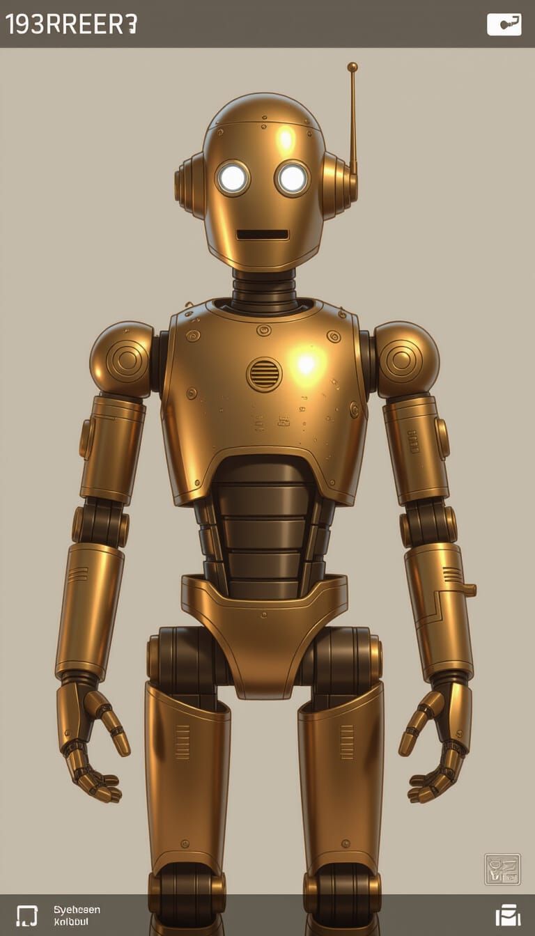 Brass Robot Concept Art in Retro-Futuristic Style