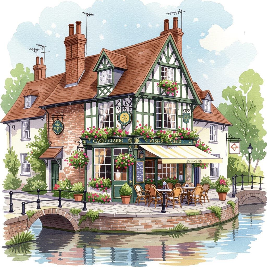 Ornate Watercolour Illustration of Riverside Café