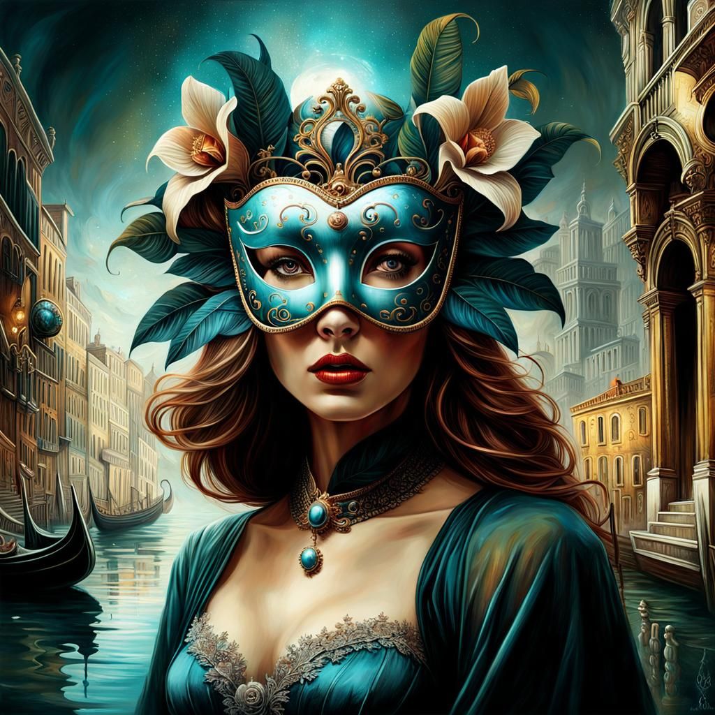 Surreal Woman with Venetian Mask in Double Exposure