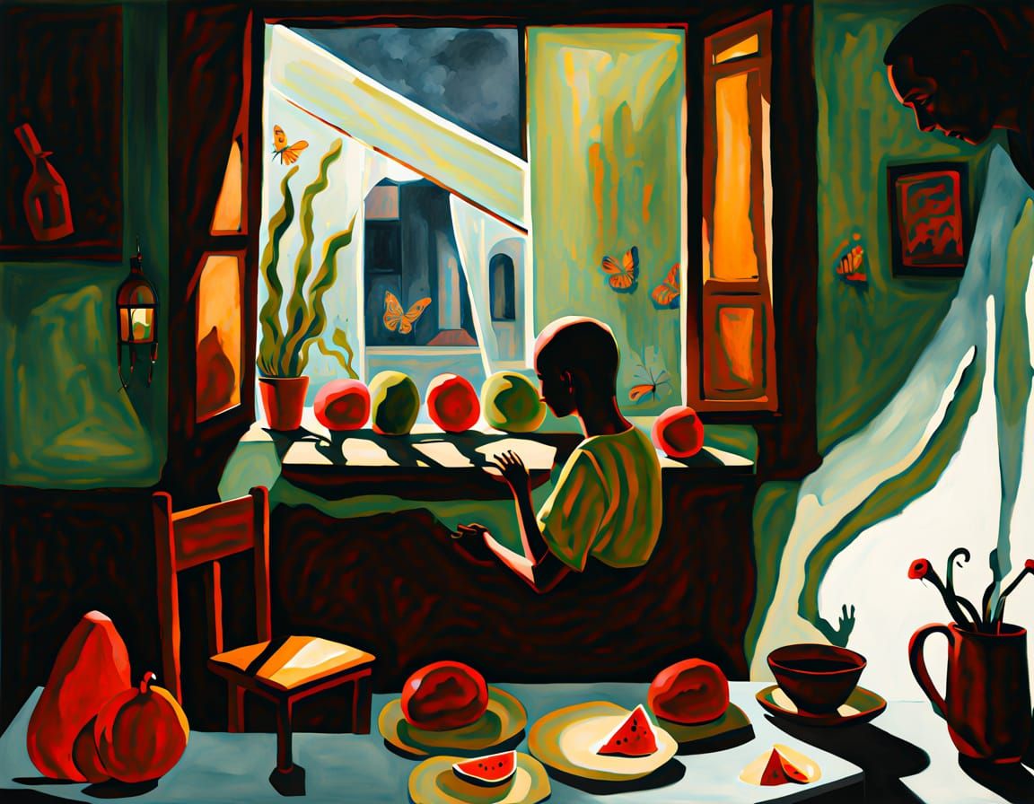 Mysterious Shadowy Figure Leering in Window, Surreal Art