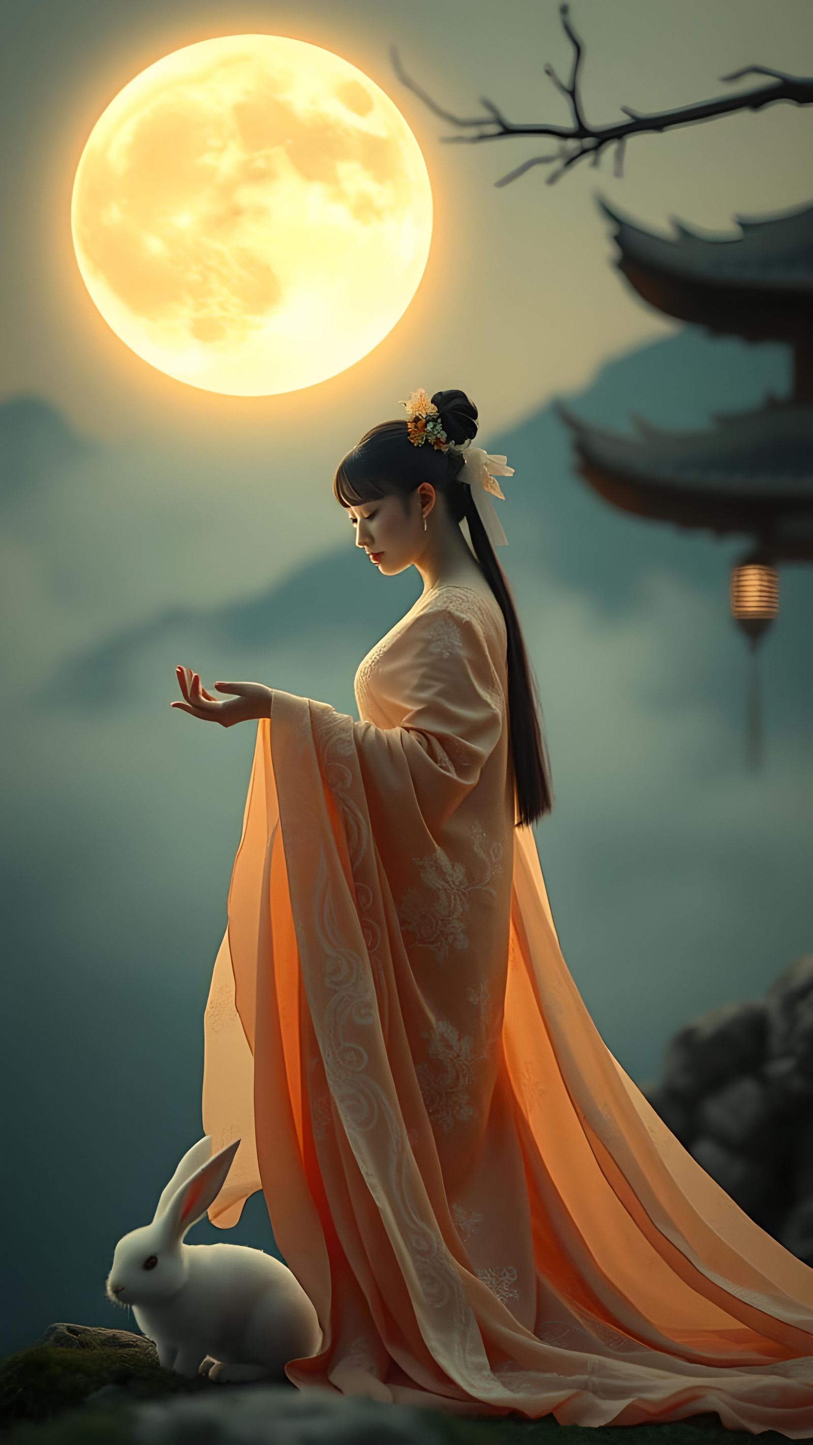 Chinese Moon Goddess with Rabbit: Cinematic Still