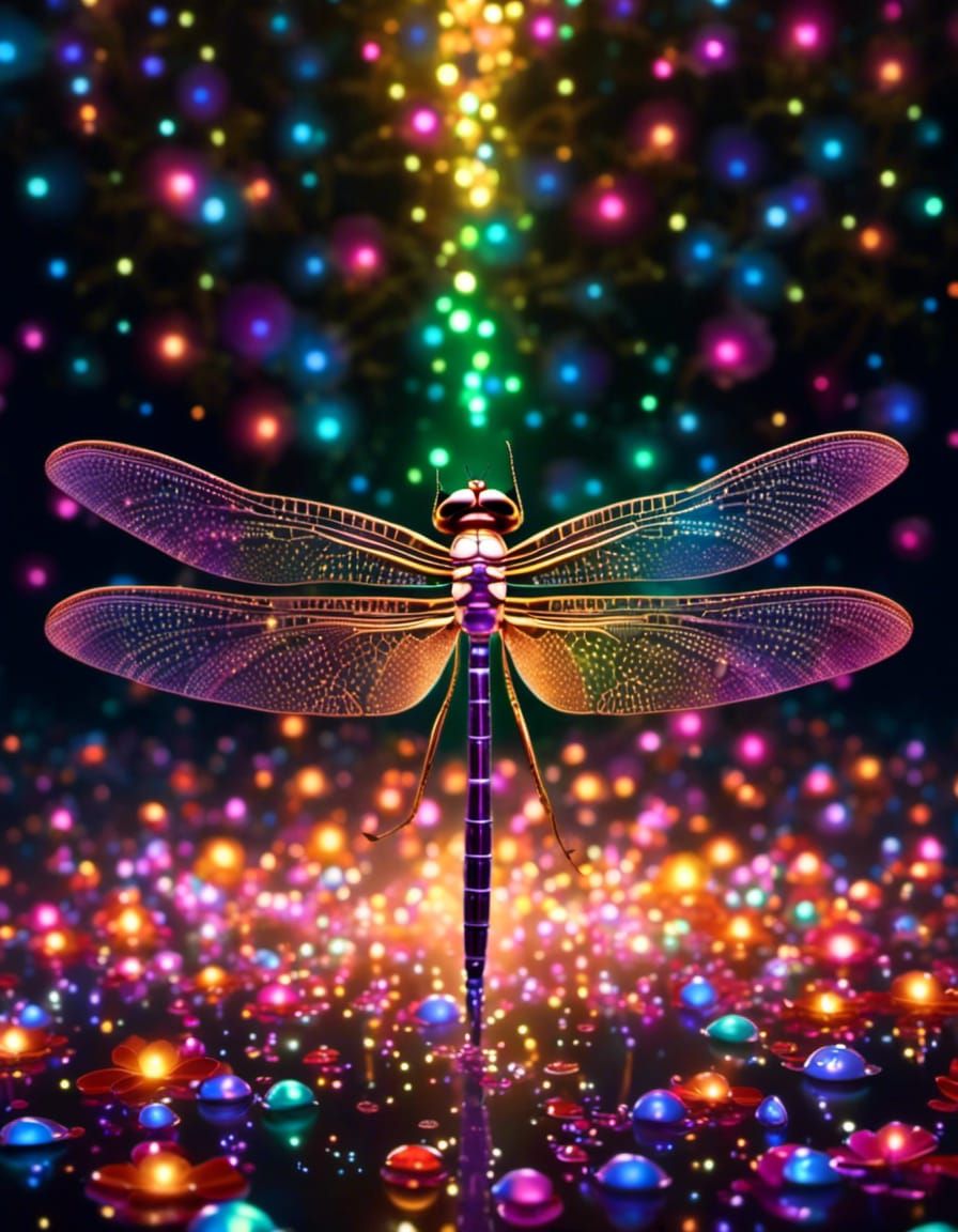 Sparkling Dragonfly in Dark Studio with Colorful Lights