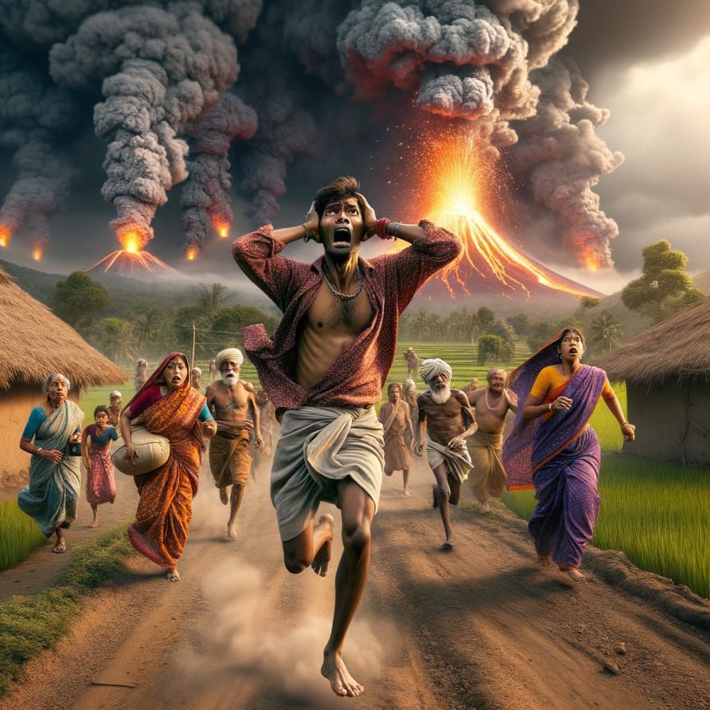 Villagers Fleeing Volcanic Eruption in Hyperrealistic Style