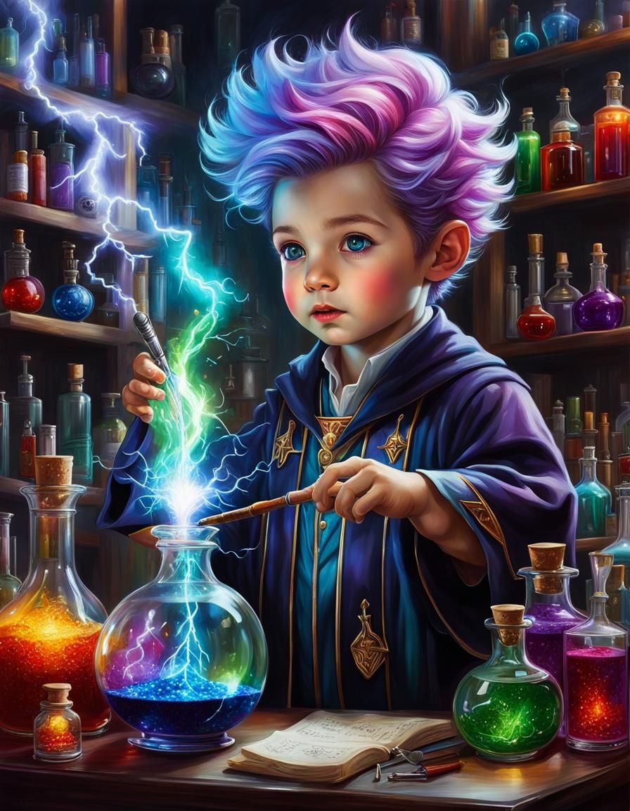 A young wizard boy experimenting with lightning to make potions