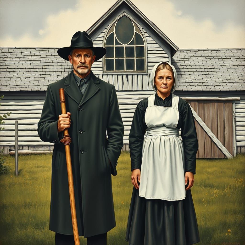 Amish Couple in Gothic Farmhouse Landscape
