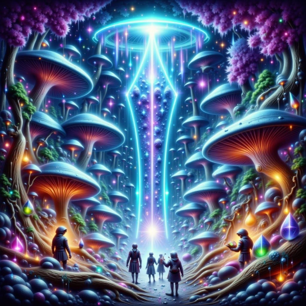 Bioluminescent Mushroom Forest Marketplace with Insectoid Me...