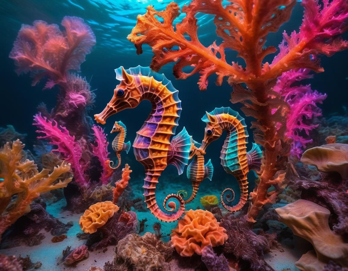 Bioluminescent Seahorse Family in a Coral Reef