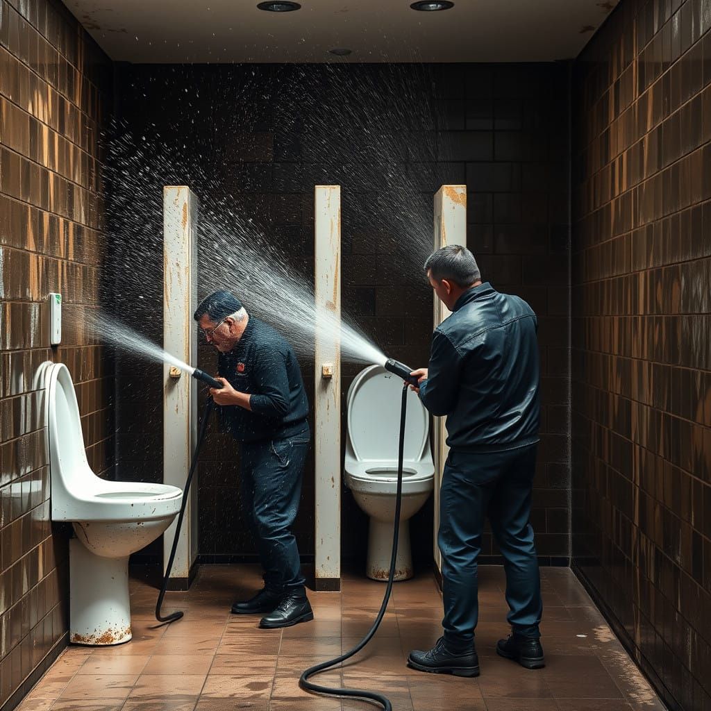 Men Clean Public Toilet Block with Jet Washers