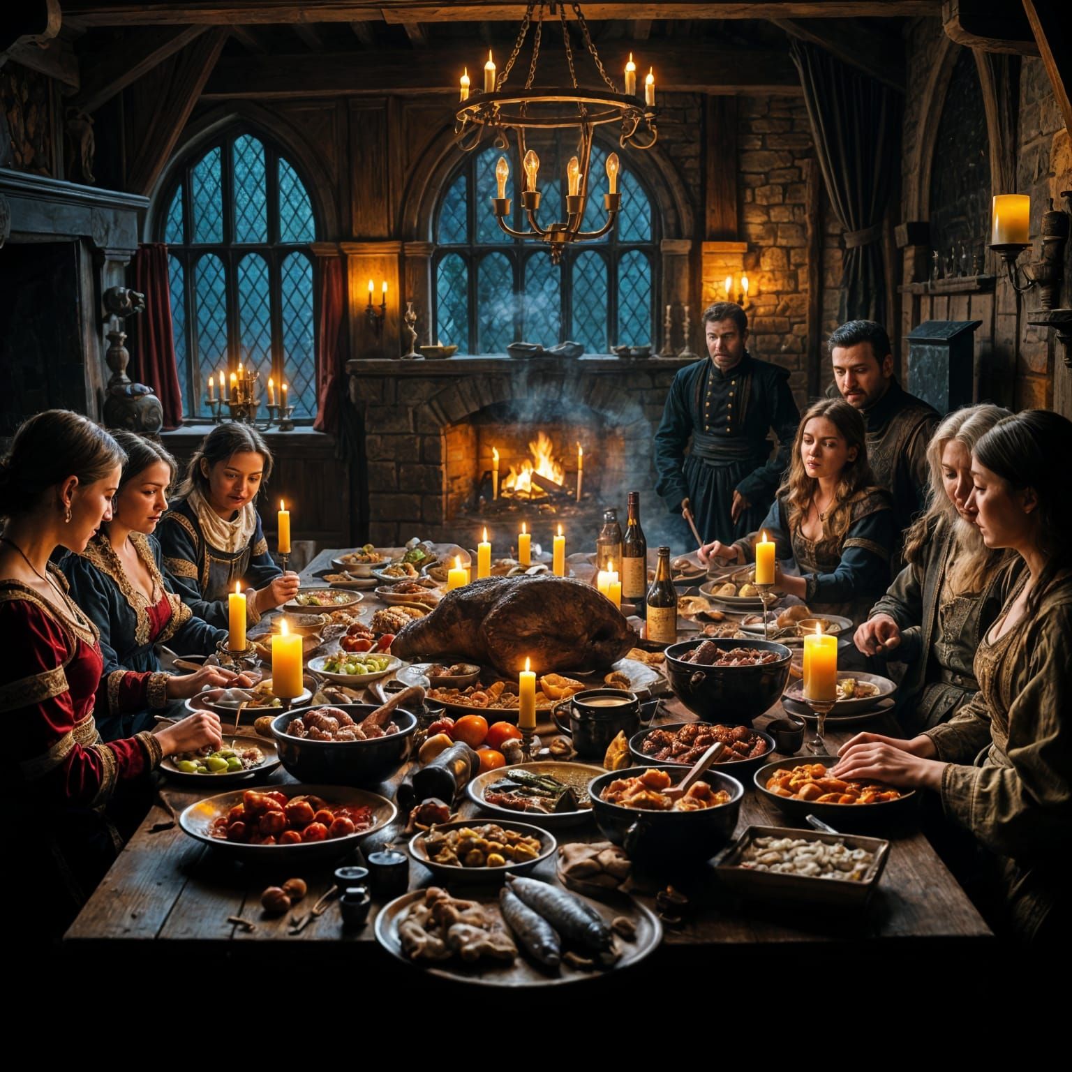 Medieval Nobility Gather for a Grand Feast in Warm, Candleli...