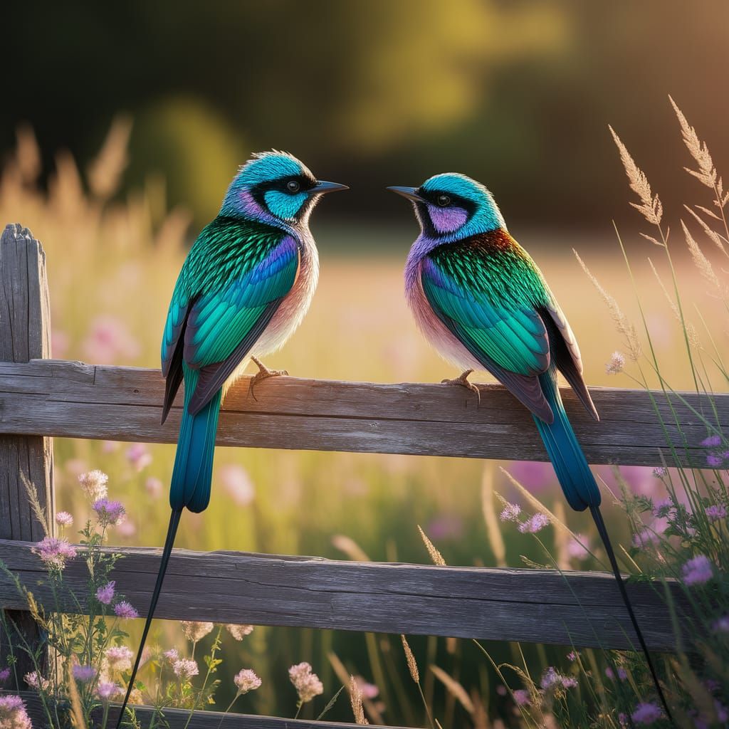 Vibrant Birds Perch on Rustic Fence in Sunlit Meadow