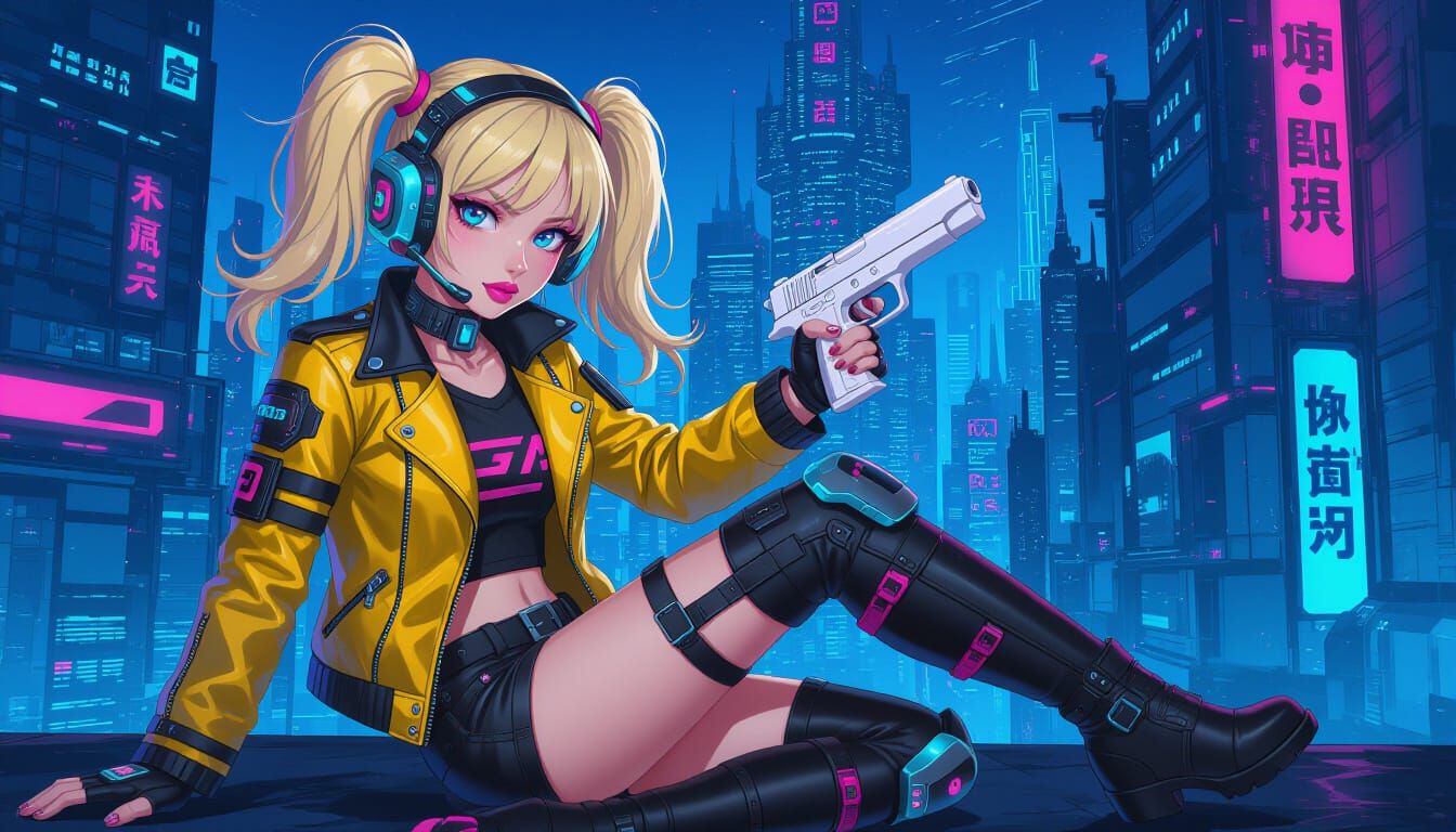 Cyberpunk Teen Girl in Anime Style Cityscape
