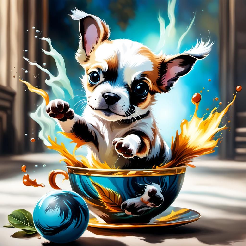 Cute Dog Plays Ball: Vibrant Acrylic Splash Art