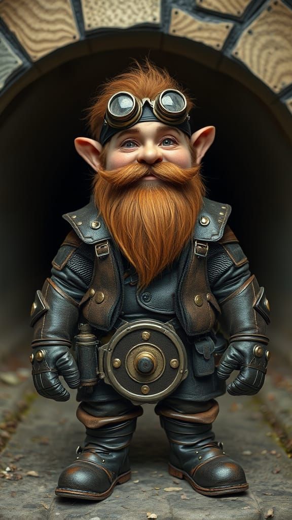 Steampunk Dwarf in Leather Armor and Goggles in Tunnel
