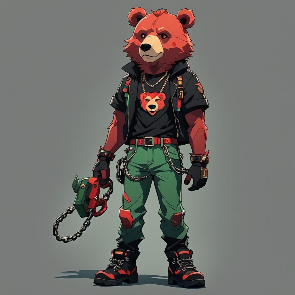 Anime Style Red Fur Bear Character with Chain
