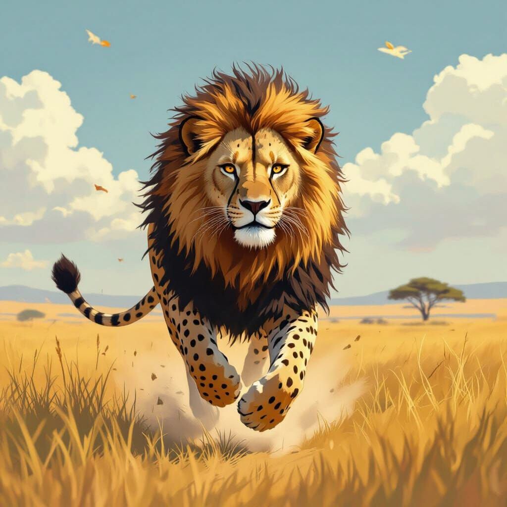 Majestic Lion-Cheetah Hybrid Running on Savannah