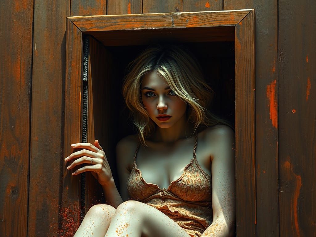 Ethereal Woman Trapped in Wooden Box Horror Art
