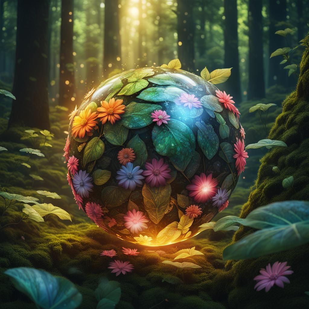 Glowing Orb of Leaves and Flowers in Lush Forest
