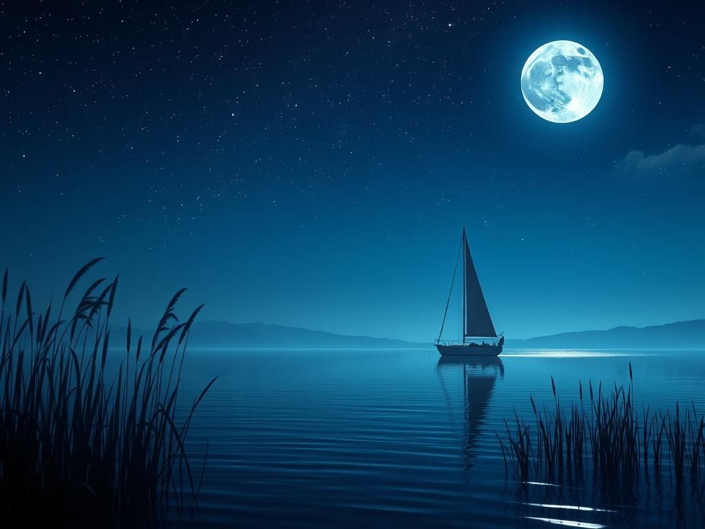 Sailboat Silhouetted on Moonlit River, Photorealistic Style