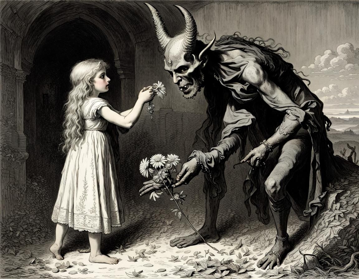 Girl Offers Flower to Devil in Doré Style