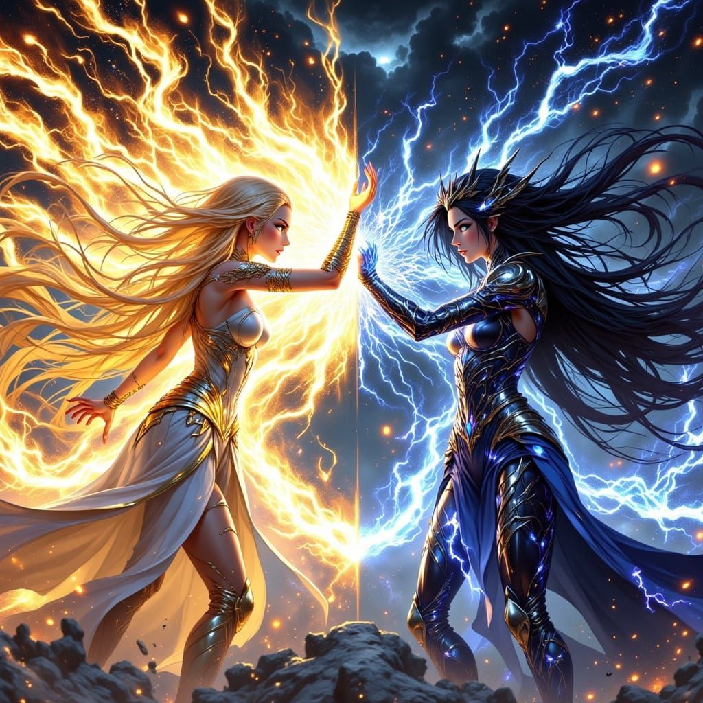 Anime Warriors of Light and Dark Clash in Magical Battle