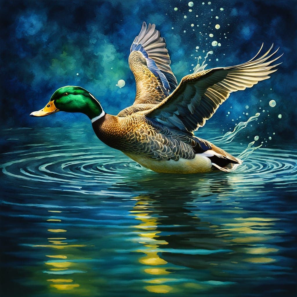 Impressionist Duck Hunting Underwater in Moonlight